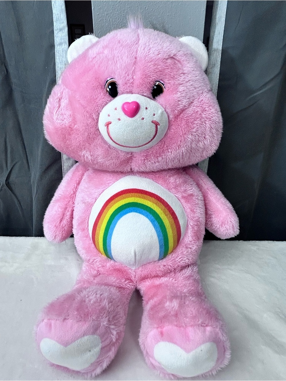 Care Bears Pink Plush Stuffed Bear with Rainbow Belly Emblem Heart Brand Logo